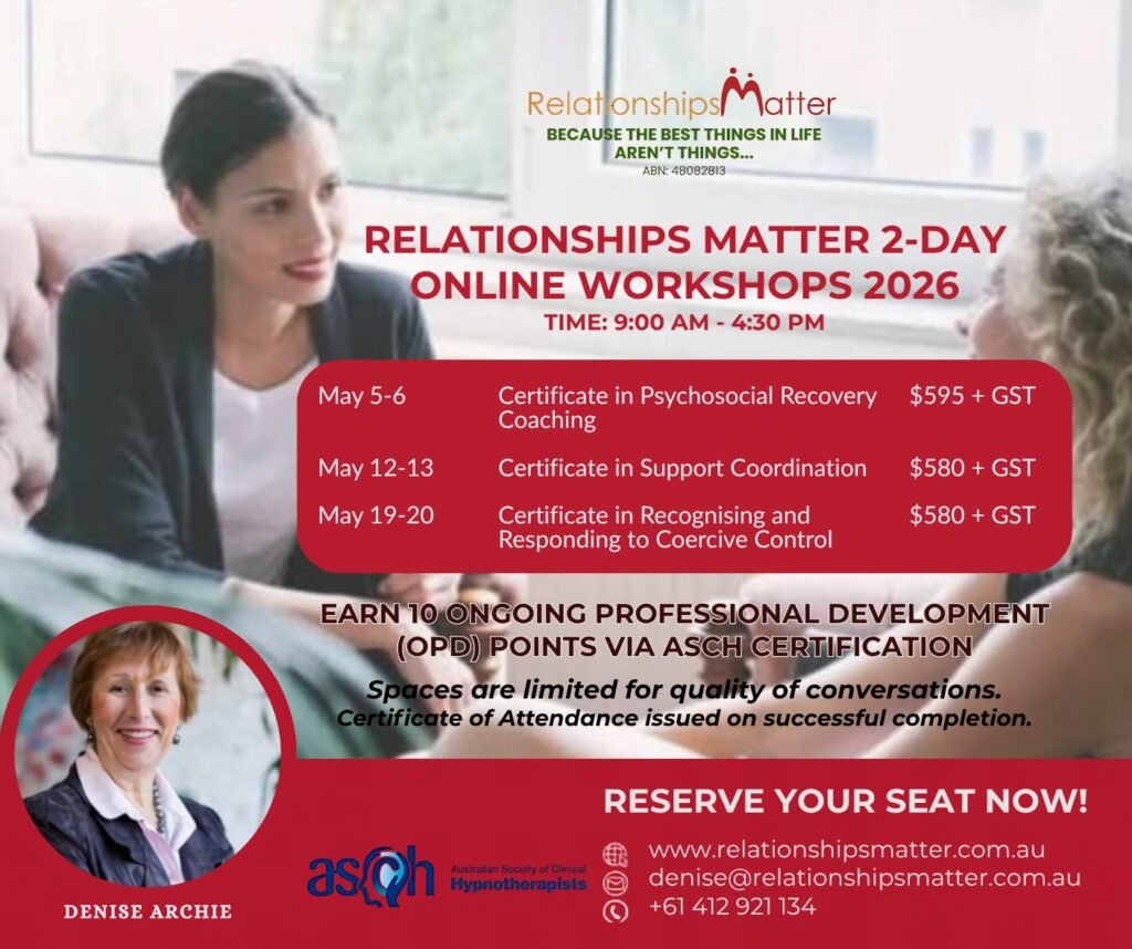 Poster advertising Relationships Matter 2-Day Online Workshops 2026 with times 9:00 AM–4:30 PM and dates May 5–6, 12–13, 19–20 (prices shown).